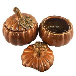 Ceramic Pumpkin Containers Set of 2 Fall  Garden Holiday Decor Halloween Accent